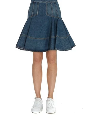 ALEXANDER MCQUEEN Navy Blue Washed Ruffled Flounce Denim Jeans Knee Skirt 40 / 4 - Image 1 of 4