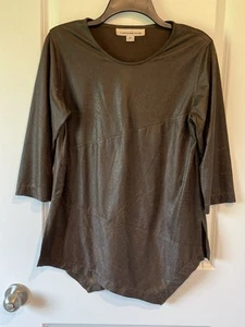 CAROLINE ROSE Faux Leather Brown Asymmetrical Hem Top Size Small Petite VV213 - Picture 1 of 3