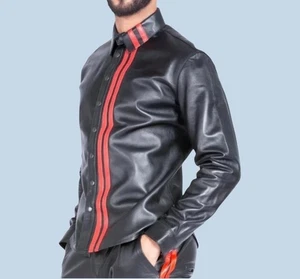 Men's Real Cowhide Leather Black Shirt With Red Dual Racing Stripes Casual Shirt - Picture 1 of 3