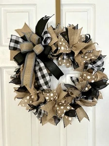 EVERYDAY RIBBON Wreath For Front Door , Farmhouse Style wreath . Very RUSTIC - Picture 1 of 4