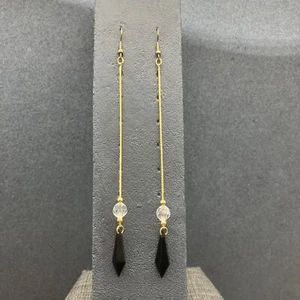 Lange Ohrhänger Ohrringe Gold Kette facettierter Kristall schwarzer Diamant Tropfen - Bild 1 von 5