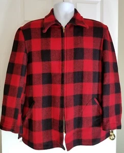 VINTAGE 50s MALEMUTE BRAND RED BLACK PLAID WOOL HUNTING COAT JACKET LARGE 42 43 - Picture 1 of 11
