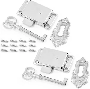2 Sets Skeleton Key Lock Decorative Antique White Nickel Cabinet Vintage Lock - Picture 1 of 11