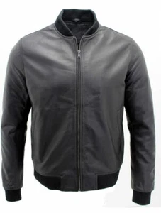 Chaqueta bomber universitaria 100 % cuero negra informal para hombre - Imagen 1 de 8