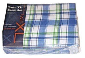 Twin XL Sheet Set Fits Dorm Beds Blue Plaid - Picture 1 of 2