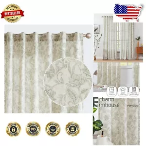 Vintage Back Tab Green Floral Curtains 2 Panels - 84" Light Filtering Drapery - Picture 1 of 10