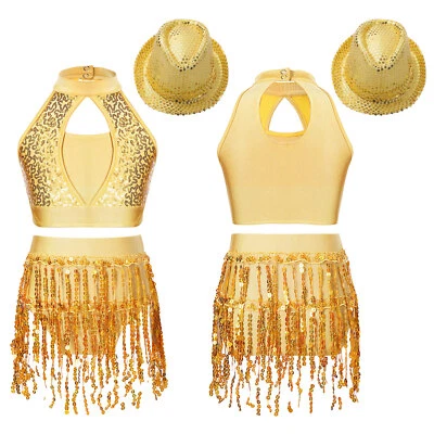 Kids Latin Jazz Dance Tassel Dress Girls Crop Top with Skirt Hat Set Costume - Image 1 of 4