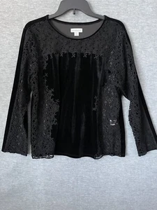 Sundance Embroidered Velvet Black Romantic Formal Goth Top XL Petite - Picture 1 of 8