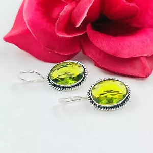 925 Sterling Silver Rose Cut Green Peridot Gemstone Jewelry Drop/Dangle Earring - Picture 1 of 4