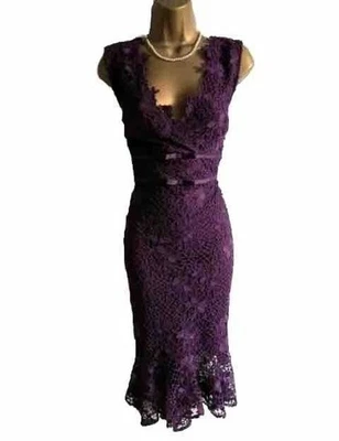 Lipsy Purple Bodycon Dress 12 Lace Flute Hem Midi Xmas Party Occasion Wedding UK - Image 1 of 4