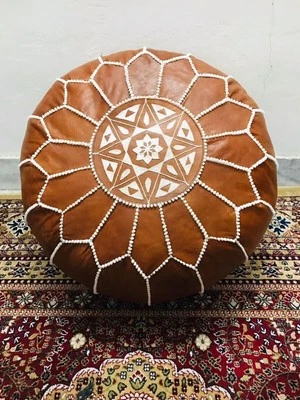 Moroccan Natural Real Round Footstool Leather Ottoman Pouf Handmade Boho Pouff - Image 1 of 4