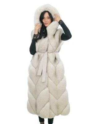 White gradient fox hood 46 vest with leather outer belt and fox leather lined ho - Image 1 of 4