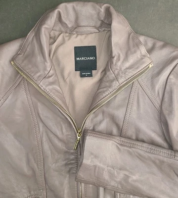 Chaqueta Marciano 100% Cuero Cordero Mujer S Taupe Moto Cremallera Cinturón Suave Dorado Cremallera Foto 1 de 4