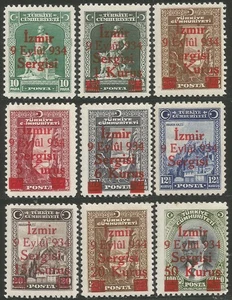 Turkey 1934 Izmir ovpts, compl.set, Mi #971-79 MH, CV=EUR700 - Picture 1 of 2