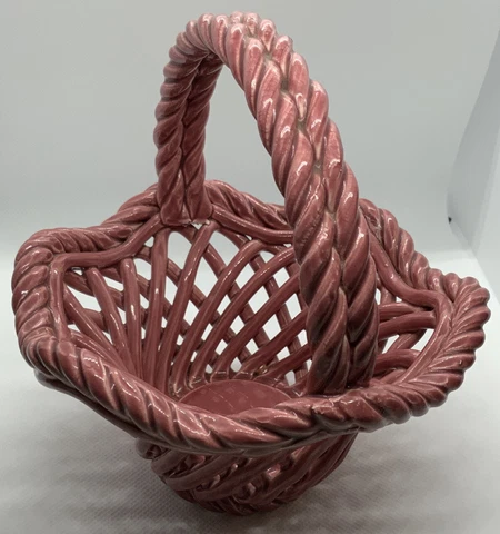 Vintage Pink Small Ceramic Lattice Basket With Handle Cover