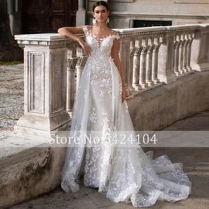 Detachable Train White/Ivory Mermaid Wedding Dress Appliques Tulle Bridal Gown - Picture 1 of 3