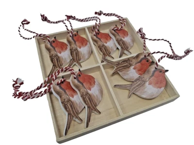 8x 6cm Robin Christmas Tree Decoration Wooden Bird Festive Ornament Baubles Xmas - Image 1 of 4