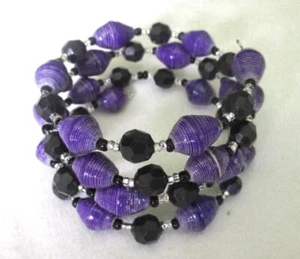 Recycled Paper Bead Purple Wrap Spiral Bracelet Black Silver Accents - Picture 1 of 2
