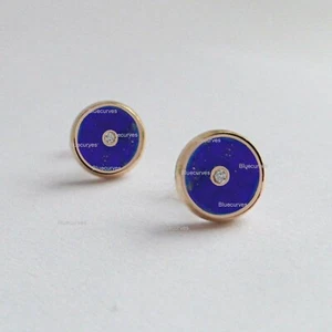 14k Gold Lapis Enamel & Solitaire Natural Diamond Bezel Set Studs Fine Earrings - Picture 1 of 3