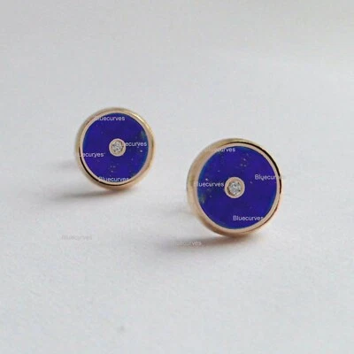 14k Gold Lapis Enamel & Solitaire Natural Diamond Bezel Set Studs Fine Earrings  - Image 1 of 3