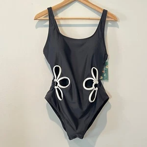Women's Large Blooming Jelly Black & White Floral Cut Out One Piece Swimsuit NEW - Picture 1 of 6