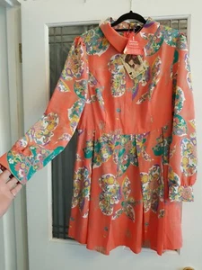 Love Label Size Uk 14 Tea Dress Long Sleeved Peach Floral Collared * New* - Picture 1 of 12