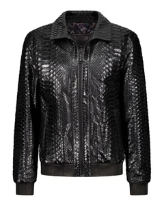 Men’s Black Python Embossed Leather Bomber Jacket Zip Up Streetwear Luxury Fit - Picture 1 of 9