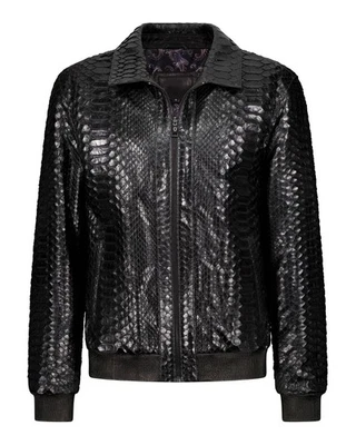 Men’s Black Python Embossed Leather Bomber Jacket Zip Up Streetwear Luxury Fit - Image 1 of 4