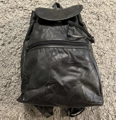 90s VTG Leather Patchwork Backpack Retro Black Punk Rucksack Cinch Tie Purse Y2K - Image 1 of 4