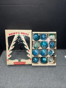 Vtg Aqua BlueChristmas Ornaments Box Of 12 - Picture 1 of 6