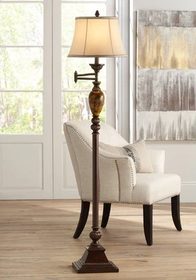 Vintage Swing Arm Floor Lamp 61" Tall Bronze Marble Faux Silk Shade Living Room - Image 1 of 4