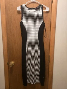 Arden B Black Striped Bodycon Dress, High/Low Knee Length, Strapless, Size L - Picture 1 of 5
