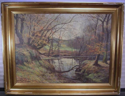 Антикварная картина маслом лесной ручей оригинальная подпись - Изображение 1 из 4