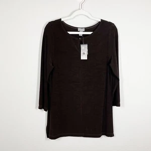 NWT Chicos Travelers Slinky Tunic Top Womens Sz M Brown 3/4 Sleeve Keyhole Neck - Picture 1 of 9
