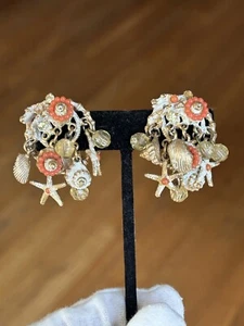 Vintage ART Arthur Pfeffer Clip Ohrringe Hänger Muscheln Strand AB Kristalle REaD - Bild 1 von 20