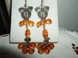 ORECCHINI EAR RINGS PENDENTI AMBRA BALTICA ARGENTO STERLING SILVER 925 CM 8 - Foto 1 di 6