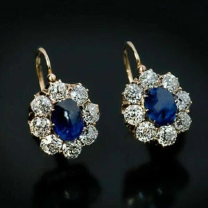 4.00Ct Oval Cut Lab Created Sapphire Drop/Dangle Earrings 14K Yellow Gold Plated - Picture 1 of 5