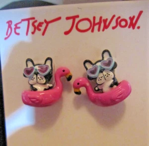 BETSEY JOHNSON BULL DOG IN PINK SWAN RAFT STUD EARRINGS - Picture 1 of 2