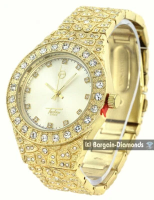 Reloj/estuche de discoteca de circonita cúbica de oro de 43 mm para hombre esfera plateada pulsera de 8,5" Foto 1 de 4