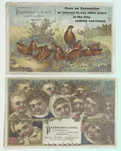 3 tres tarjetas comerciales victorianas de colección perdices café Phila comedores codorniz C9 - Imagen 1 de 4