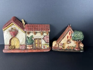 Vtg Handcrafted Clay Wall Plaque Of Honduran Houses Set Of 2 Rustic Decor Unique - Picture 1 of 8