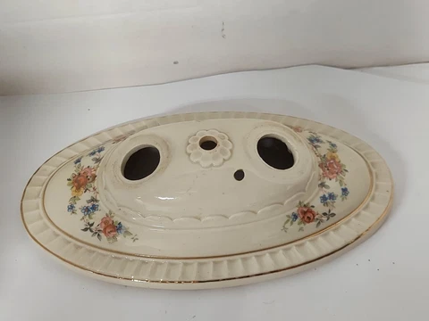 Vintage Porcelier Porcelain Double Socket Ceiling Floral Fixture pull chain Cover