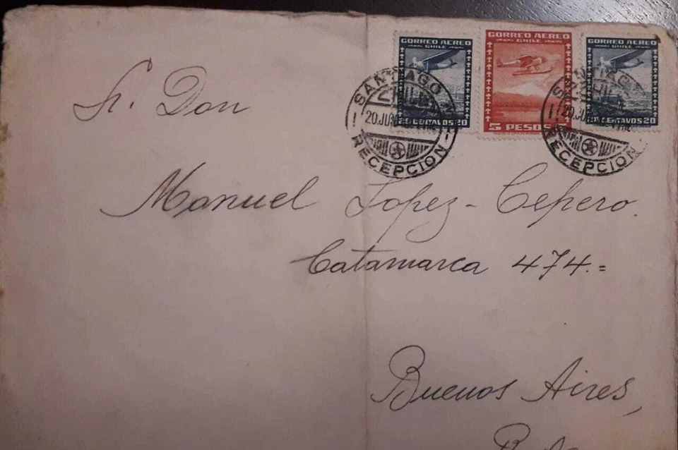 L) CHILE 1934, 5 PESOS, ROJO, AVIÓN, AZUL, 20C, CUBIERTA CIRCULADA DESDE CHILE HASTA Foto 1 de 1