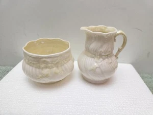 BELLEEK Yellow Ribbon Sugar and Creamer Set 3 1/2" Tall 3rd Green Mark 1946-1955 - Picture 1 of 9
