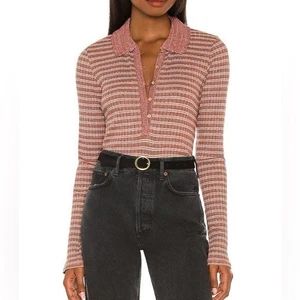Free People Delilah Top Rust Size XS Striped Ribbed Henley Crochet Knit Collar - Picture 1 of 12