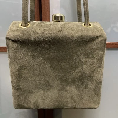 Bolso de Noche ESCADA Vintage Verde Oliva Gamuza Cuero Dorado Cierre Superior Hombro Foto 1 de 4