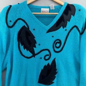 90s Fitting Image Angora Silk Wool Sweater Blue 2XL Velvet Embellished VTG Rich - Picture 1 of 8