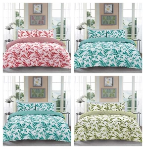 Ellie Leaves Printed Duvet Cover with Pillow Pair Reversable Stripe Design Set - Picture 1 of 13