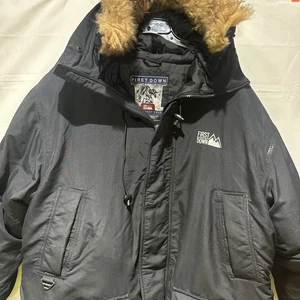 Vintage First Down Mens Sz XL Black Duck Down Puffer Coat Parka Lamb Fur Trim - Picture 1 of 11
