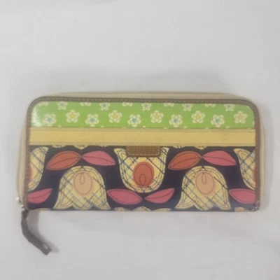 Cartera Fossil Vintage Lona Multicolor Cremallera Alrededor Flores Tulipán Interior Verde Foto 1 de 4